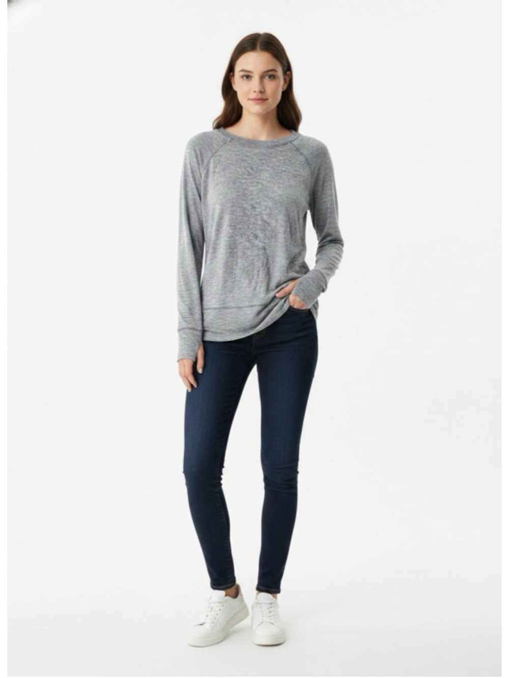 Athleta Shirt Womens M Gray Chase Crew Neck Long Sleeve Modal Stretch Thumbholes